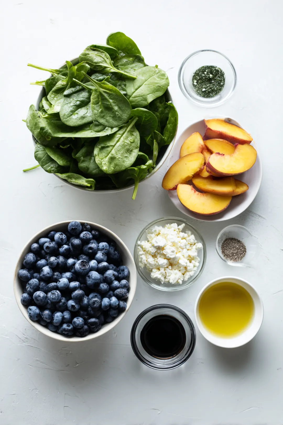 Salad with blueberries, peaches, and feta - ingredients
