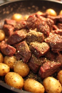 Season the sirloin steak pieces with garlic powder, salt, and black pepper. Once the potatoes are done, push them to the side of the skillet and add the steak bites.