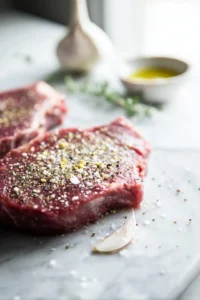 Season the steak with salt, pepper, and olive oil
