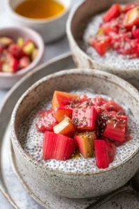 Serve chia pudding in bowls and top with fresh rhubarb and honey or maple syrup
