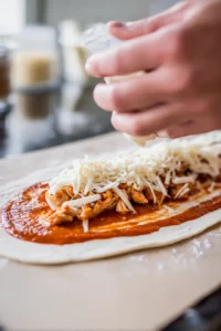 Spread the butter chicken sauce evenly over the base of the dough, followed by cooked chicken and shredded mozzarella cheese, and thinly sliced red onions on top.