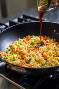 Stir in cooked rice and mixed vegetables then drizzle with soy sauce