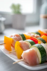 Thread chicken and vegetables onto skewers and grill until cooked