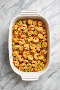 Transfer the mixture to a greased casserole dish and bake for 30 minutes or until the top is golden brown and the shrimp are cooked through.